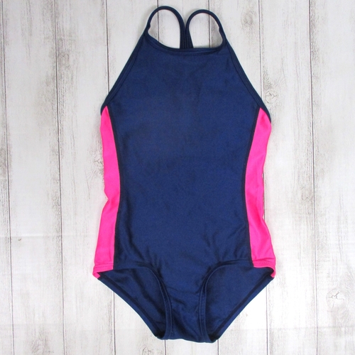 [不明] 女子学生 スクール水着 ルートワン 日本製 130サイズ ピンク ネイビー 紺 記名あり h7010