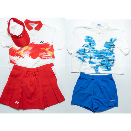 [不明] テニス部ユニフォーム 男女セット スコート＆サンバイザー YONEX 女子スカート 赤色 青色 中学