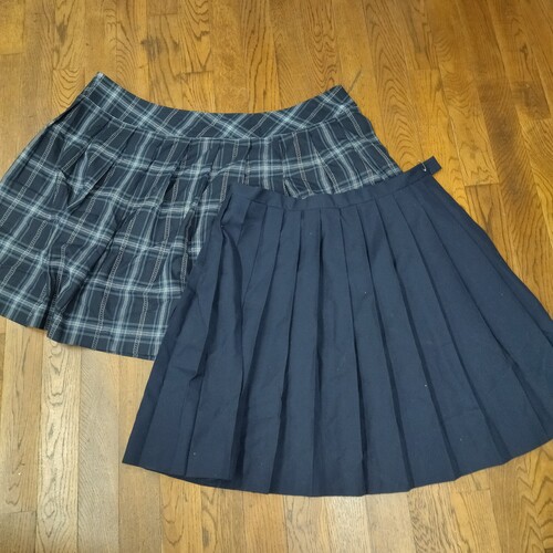 [不明] 学校名不明　チェックスカート・紺色スカート（とても大きなサイズ）　計2枚　【S057】