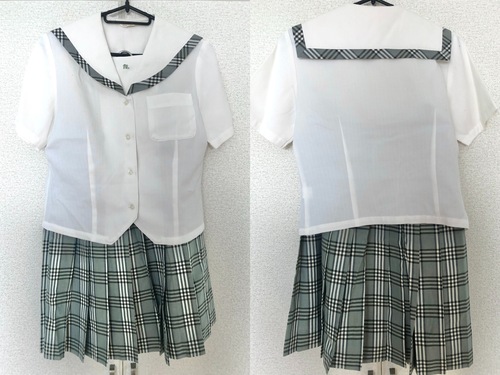 727◆刺繍入 半袖セーラー襟ブラウス＆チェックプリーツスカート・指定リボン/Ｍ Ｗ63◆津山商業 チェックプリーツスカート×刺繍シャツセットアップ 水色|制服コスプレ