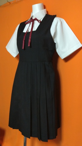 埼玉県 女子制服 黒ジャンパースカート ブラウス 紐タイ 不明夏服。