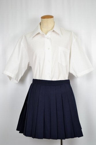  ●ミニ丈 紺夏プリーツスカート 半袖ブラウス 不明(W0062)
