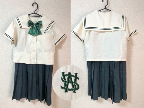 福岡県 【西南学院】緑ラインのセーラー服 夏服 セット クリーム色 スカート 中学校 高校
