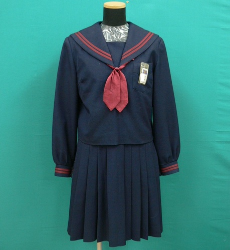 奈良県 #5736　《式下中学校》赤2本ラインの冬セーラーセット　名札・リボン付　サイズ165A