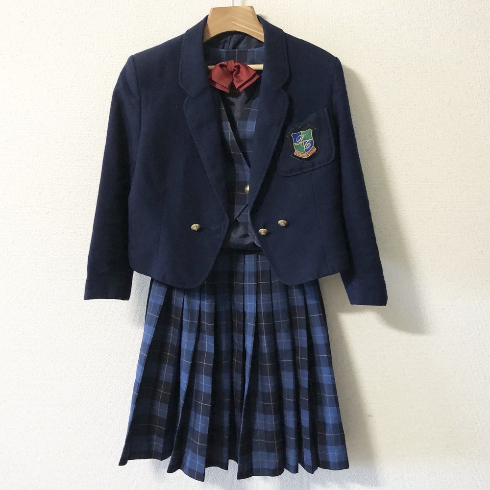岡山県 玉野 商業 高校 女子 4点セット 変形デザイン ジャケット リボン ベスト スカート ネイビー Y17